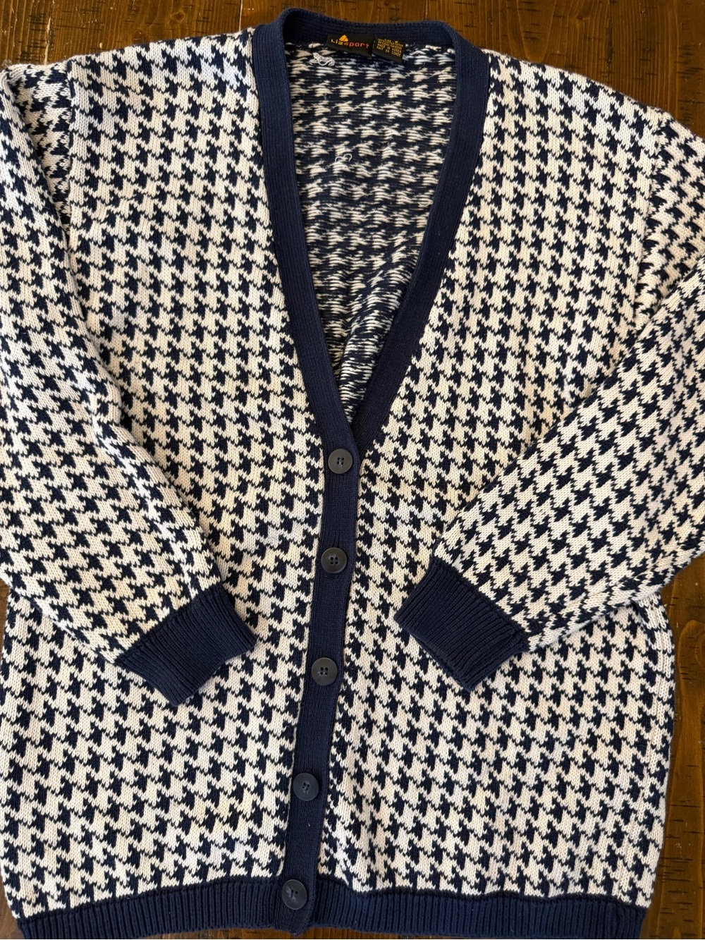 Vintage 90s Liz Sport Houndstooth Cardigan Navy & Cream Cotton Knit Sweater - Picture 2 of 11